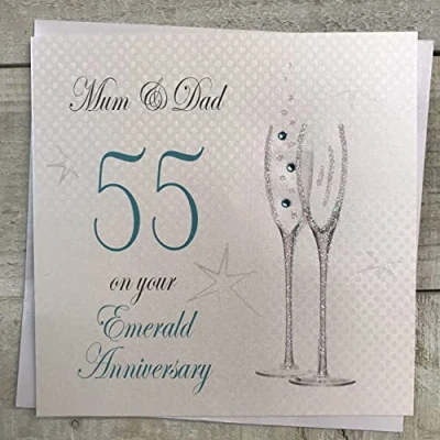 Image of WHITE COTTON CARDS Mum &amp; Dad 55th Anniversary Card, Emerald Champagne Flutes Handmade P55M