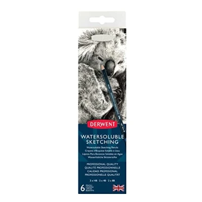 Image of Derwent 0700837 Watersoluble Sketching Pencils, Drawing &amp; Writing, Set Of 6, Includes 3 Degrees (HB, 4B, 8B) Pencil Sharpener, Ideal For Sketching, Professional Quality,Black