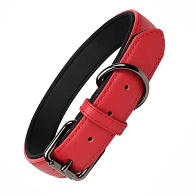 Image of OFHome Leather Dog Collar Large Medium Dogs, Soft Padded with Heavy Duty D Ring, Waterproof Classic Pet Collar, Red, L