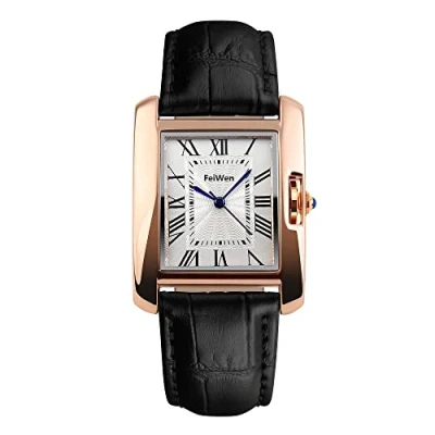 Image of FeiWen Womens Fashion Luxurious Analog Quartz Watch Rose Gold Stainless Steel Case Roman Numeral Dial Casual Business Dress Wrist Watches for Women with Brown Leather Strap