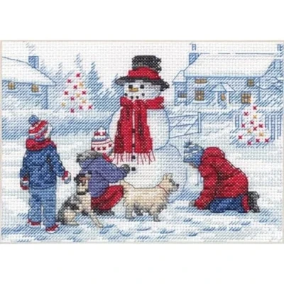 Image of Dimensions 70 08993 Building a Snowman Embroidery Christmas Cross Stitch Kit, 7&quot; x 5&quot;, 14 Count White Aida, Multicolor