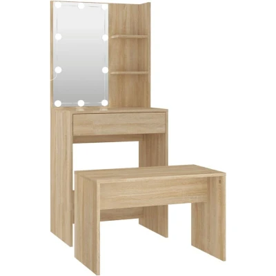 Image of vidaXL Dressing Table Set with LED Lights in Sonoma Oak Engineered Wood Vanity Desk Mirror and Stool for Bedroom