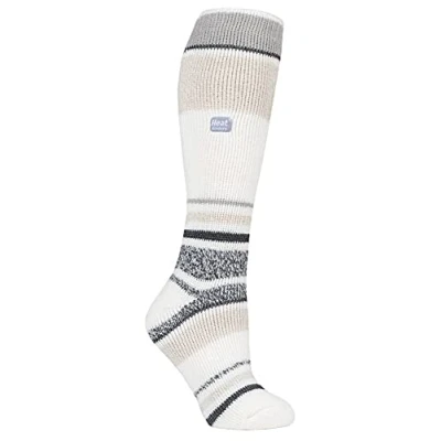 Image of HEAT HOLDERS Ladies Thick Extra Long Striped 2.3 TOG Winter Thermal Knee High Ski Socks (4 8, Cream Stripe)
