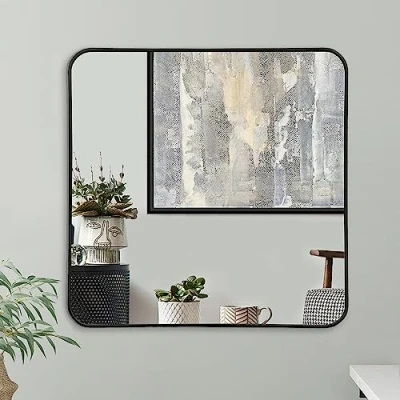 Image of Americanflat Framed 80 cm Square Black Mirror with Rounded Corners Modern Wall for Bathroom, Bedroom, Living Room, Hanging Decor