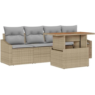 Image of vidaXL 5 Piece Garden Dining Set with Cushions Beige Poly Rattan Acacia