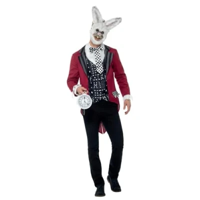 Image of Smiffys Deluxe White Rabbit Costume, Red with Jacket, Mock Shirt, EVA Mask &amp; Pocket Watch, Halloween Twisted Fairytale Fancy Dress, Storybook Character Dress Up Costumes