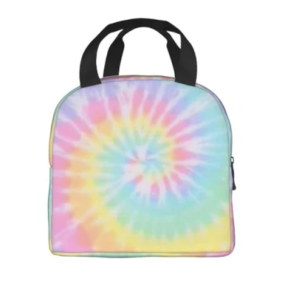 Image of PAQGSREM Tie Dye Lunch Box Pastel Rainbow Spiral Bag for Girls Kids Teen Women Insulated Cooler Teto Bags School Picnic