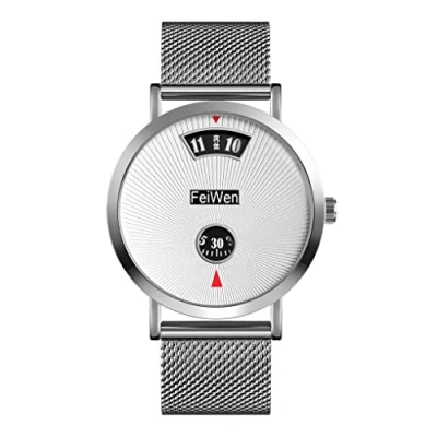Image of FeiWen Mens Fashion Unique Analog Quartz Watches Simple Design Stainless Steel Case Elegant Wrist Watch (Silver)