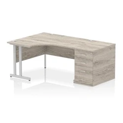 Image of Impulse 1400 LH Crescent Desk Grey Oak/Silver Cantilever 800 DH Ped