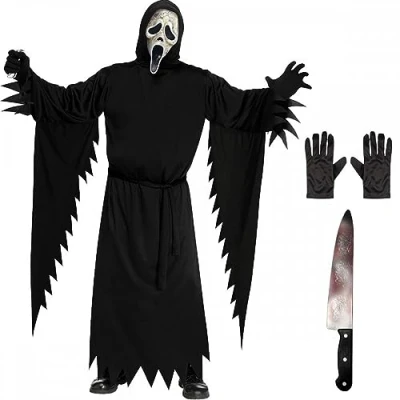 Image of Adult Mens Official Scream AGED Ghost Face Costume + Black Gloves Bloody Butcher Knife : Halloween Horror Film Theme Fancy Dress