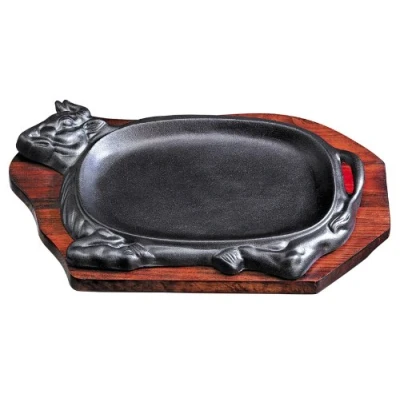 Image of Unique Cow Design Cast Iron Sizzler Platter with Wooden Trivet 21cmx14cm