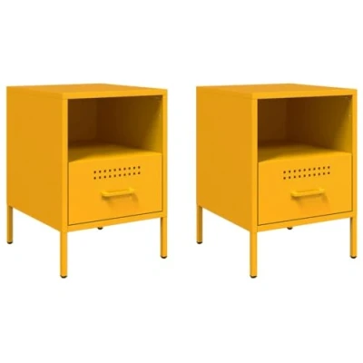 Image of vidaXL Bedside Cabinets 2 pcs Mustard Yellow, Cold Rolled Steel, 1 Drawer, Compartment 36x39x50.5 cm Modern Industrial Style for Bedroom or Living Room