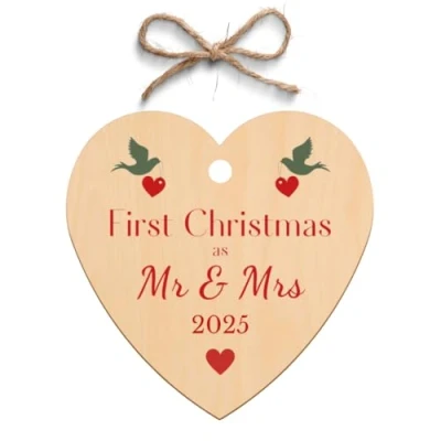 Image of Second Ave First Christmas as Mr &amp; Mrs Wooden Hanging Heart Xmas Tree Decoration Bauble