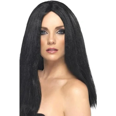 Image of Smiffys Star Style Wig, Black 44cm / 17in Long, Straight, Ladies Glamour Wigs Fancy Dress, Adult Dress Up