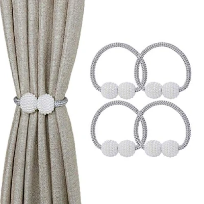 Image of Magnetic Curtain Tie Backs, 4PCS Clips Rope Holder Buckles Small Bead Buckle Holders for Home Office Hotel Window Decoration (Silver)