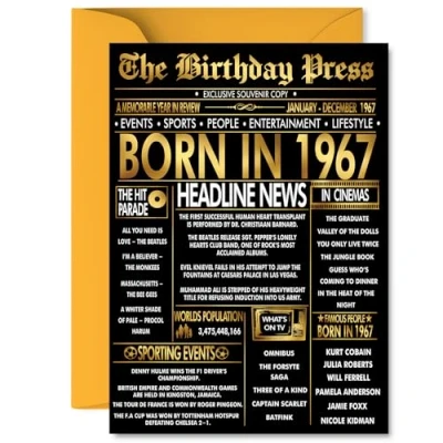 Image of Gold 58th Birthday Card for Men Women Black &amp; Golden Newspaper Born in 1967 Happy 58 Cards Dad Auntie Nan Colleague Wife Brother, 5x7 Inch Bday Greeting