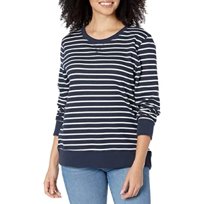 Image of Amazon Essentials Women&#039;s French Terry Fleece Crewneck Sweatshirt (Available in Plus Size), Navy White Stripes, L