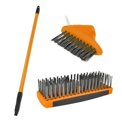 Image of 3 in 1 Weed Remover Tool Wire Brush Scraper Moss Patio Decking Block Paving Path Driveway Adjustable 140cm Handle Replaceable Heads Orange