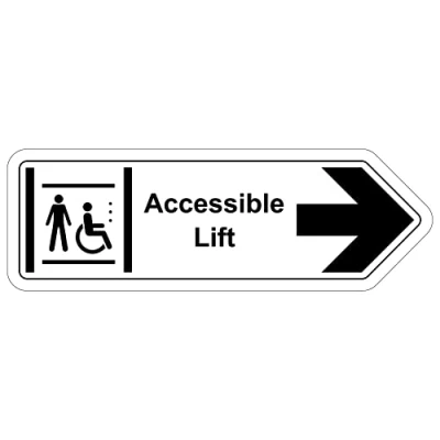 Image of V Safety Shaped Sign Accessible Lift Arrow Right 300X100 Self Adhesive Vinyl