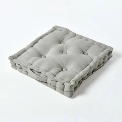 Image of HOMESCAPES Plain Grey 100% Cotton Floor Cushion Light Silver 40 x 8 cm Square Indoor Garden Dining Chair Booster Seat Pad