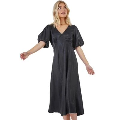 Image of Roman Originals Puff Sleeve Satin Midi Dress for Women UK Ladies Spring Everyday Summer Holiday V Neckline Comfy Empire Waist Soft Frock Stretch Gowns Black Size 12
