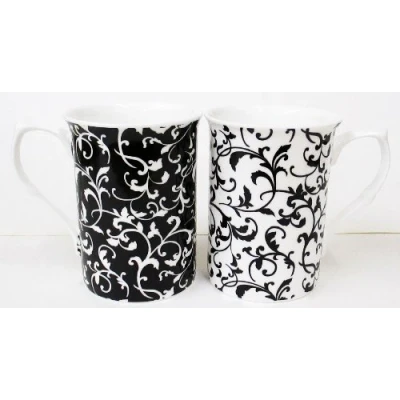 Image of Venetian Black &amp; White Mugs Set of 2 Fine Bone China Swirl Leaves Cups Hand Decorated in UK