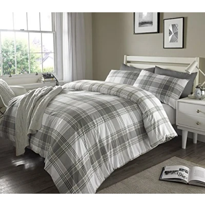 Image of Sleepdown Check Grey Striped Reversible Soft Duvet Cover Quilt Bedding Set With Pillowcases King (220cm x 230cm)