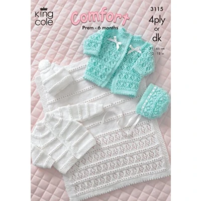 Image of King Cole Baby Coat, Cardigan, Bonnet, Hat &amp; Pram Cover 4 Ply DK Knitting Pattern 3115 by