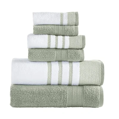 Image of Modern Threads 6 Piece Set, 2 Bath Towels, Hand Washcloths, Quick Dry White/Contrast Reinhart Sage