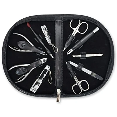 Image of 3 Swords Germany brand quality 10 piece manicure pedicure grooming kit set for professional finger &amp; toe nail care scissors clipper fashion leather case in gift box, Made by (6554)