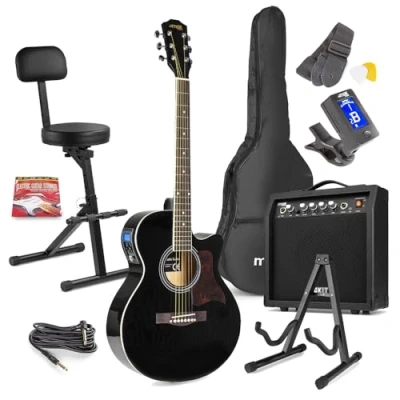 Image of MAX SHOWKIT Beginner Electro Acoustic Guitar Set in Black Cutaway Electric Design, 40W Amp, Stool with Backrest, Foldable Stand &amp; Complete Accessories Pack Included