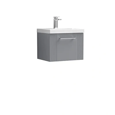 Image of nuie DPF291A Deco Modern Bathroom Wall Hung 1 Drawer Part Fluted Vanity Unit with Mid Edge Ceramic Basin, Satin Grey