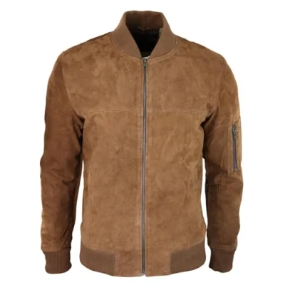 Image of TruClothing Mens Genuine Suede Bomber Jacket Leather Casual Varsity Vintage Smart Grey L