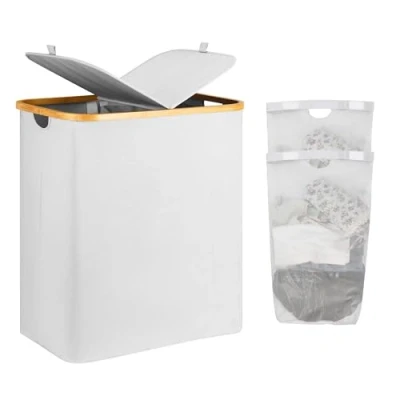 Image of ADEL DREAM Laundry Basket With Lid 2 Compartments, Narrow Bag Bin Lid, Chest, Beige, 140L