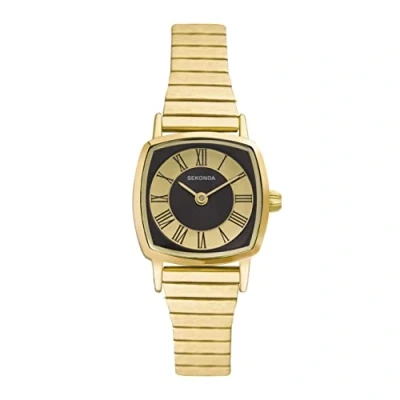 Image of Sekonda Heritage Ladies 22mm Quartz Watch in Black with Analogue Display, and Gold Stainless Steel Strap 40379
