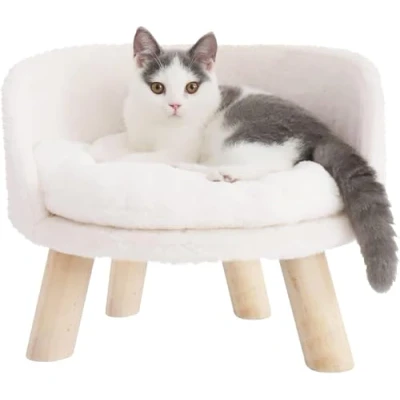 Image of BingoPaw Cat Sofa Chair Bed: Elevated Nordic Pet Stool Bed with Removable Waterproof Mat Raised Plush Fur Dog Kitten Couch Wooden Legs Frame (Dia 40cm)
