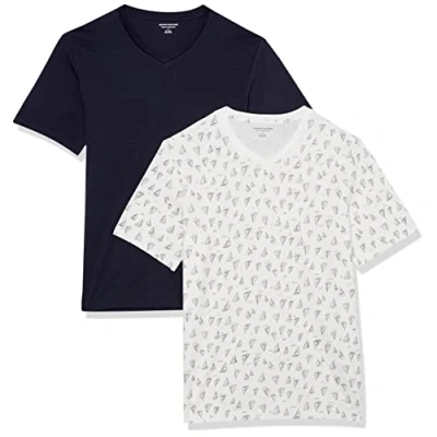Image of Amazon Essentials Men&#039;s T Shirt Slim Fit Short Sleeved V Neck, Pack of 2, Boat Print/Navy, XL