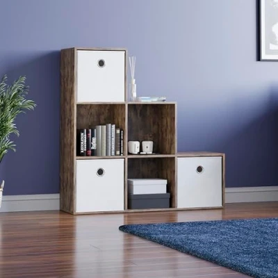 Image of Vida Designs Durham Staircase Bookcase Shelves Storage Organiser Living Room Furniture (6 Cube &amp; 3 White Baskets, Dark Wood)