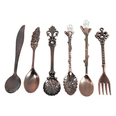 Image of 6Pcs Coffee Spoons Set, Vintage Carved Dessert Teaspoons Fruit Ice Cream Spoon Mini Serving Spoons(Red Bronze)