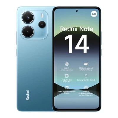 Image of Xiaomi Redmi Note 14 smartphone, 6+128GB, blue, 108MP AI camera system, 5500mAh battery, 120Hz eye care display, features (no charger included), 2 year Warranty