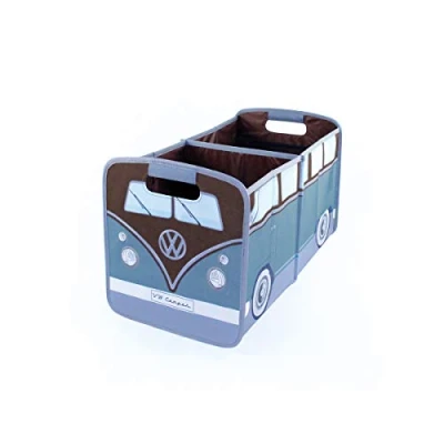 Image of BRISA VW Collection Volkswagen Foldable Storage Trunk Box Bag for Grocery Shopping in T1 Bus Campervan Shape (Classic Bus/Petrol &amp; Brown)