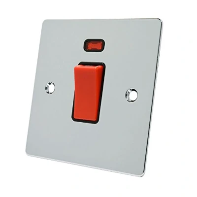 Image of Alliance Electrical FPCCSWBL Polished Chrome Flat 45A Black Insert 1 Gang Plate 45 Amp DP Cooker Switch w/Neon Indicator, 240 V