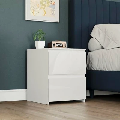 Image of Vida Designs Glinton Stylish High Gloss Side Table with 2 Drawer Nightstands Bedroom Furniture 100% FSC Certified (White)