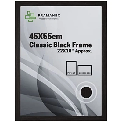 Image of FRAMANEX Classic Picture Poster Frame, 45 X 55cm Black Wood Finish, Portrait, Landscape Display Rectangle 22 18 inches Frame (Black Frame)