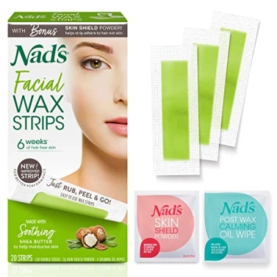 Image of Nad&#039;s Facial Wax Strips Hair Removal For Women, Face Strips, Includes 20 Waxing + 4 Calming Oil Wipes, Hypoallergenic