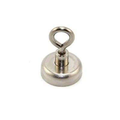 Image of Neodymium Clamping Magnet with M5 Eyebolt for Hanging, Holding or Displaying Items 25mm Diameter x 36mm High 20kg Pull Pack of 1