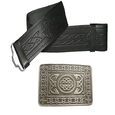 Image of Leather Kilt Belt and Buckle Many Sizes Designs to choose from (Size 42 48 inches, Embossed Black with Antique Celtic Buckle)