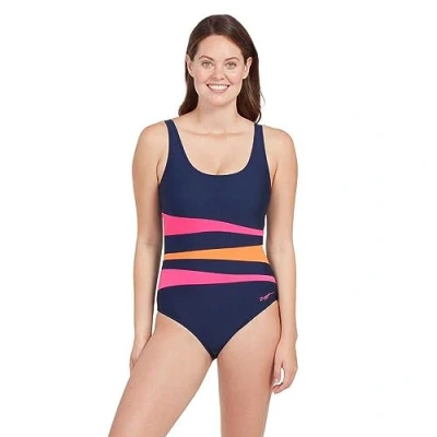Image of Zoggs Womens Sumatra Adjustable Scoopback One Piece Swimsuit, Navy/Magenta Orange, 32 UK