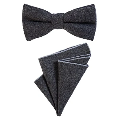 Image of DonDon gent&#039;s bow tie 12 x 6 cm pre tied size adjustable and pocket handkerchief 23 matching colours in cotton dark grey