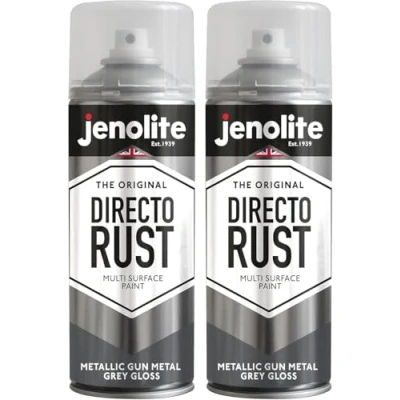 Image of JENOLITE Directorust Metallic Gloss Spray Paint GUN METAL GREY 2x400ml Multi Surface Gold for Metal, Wood, Plastic All In OnePrimer, Undercoat and Topcoat Interior &amp; Exterior